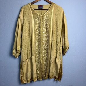 Fabulous India Embroidered Gold Tunic Jacket Boho‎ Festival Pockets Size 1X–3X